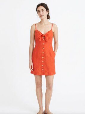 *Lush Red Linen-Blend Tie-Front Mini Sundress with Button-Down Detail